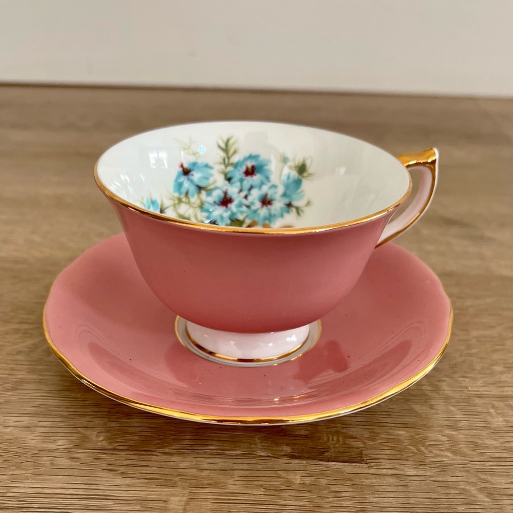 Rare Vintage 1939 Aynsley Bone China Teacup & Saucer Light Pink w Blue Flowers